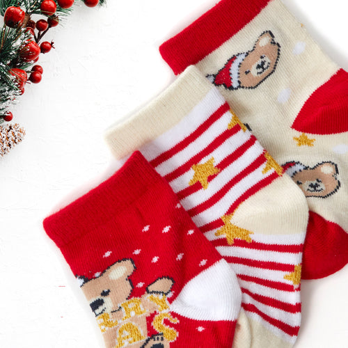 Babies Cotton Rich Christmas Design Socks 3 Pairs Teddy