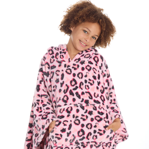 Girls Leopard Printed Oversized Blanket Poncho