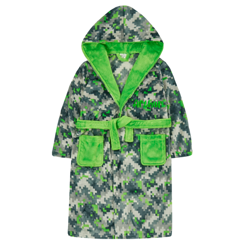  Personalised Boys Green Pixel Hooded Dressing Gown with Green Thread Embroidery