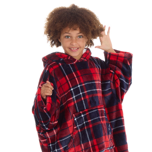 Girls Checked Red Oversized Blanket Hoodie