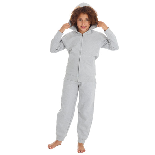 Boys Girls Plain Cotton Rich Tracksuit Zip Up Hoodie and Joggers Set Grey