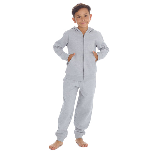 Boys Girls Plain Cotton Rich Tracksuit Zip Up Hoodie and Joggers Set Grey