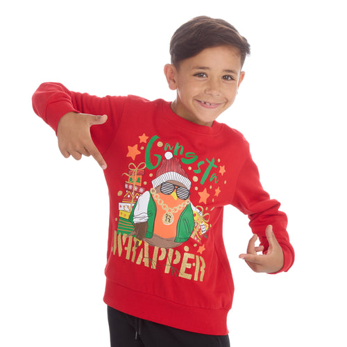 Kids Christmas Sweatshirt With Cuffed Hems Red