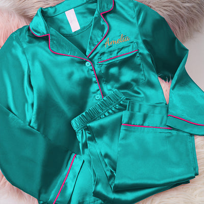 Personalised Girls Satin Green Long Pyjama Set 