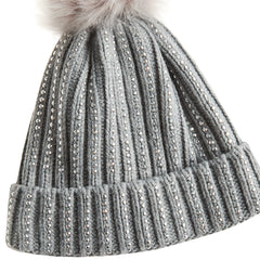 Girls Sparkly Diamante Grey Bobble Hat