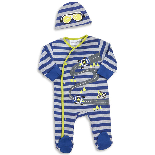 Baby Striped Race Sleepsuit and Hat 2 Piece Set