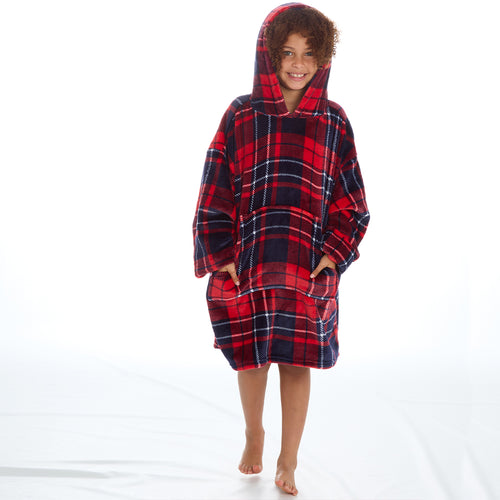 Girls Checked Red Oversized Blanket Hoodie