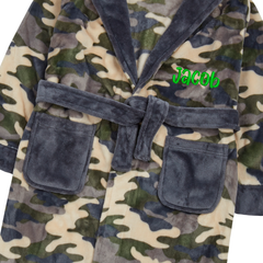 Personalised Boys Green Camo Hooded Dressing Gown with Green Thread Embroidery