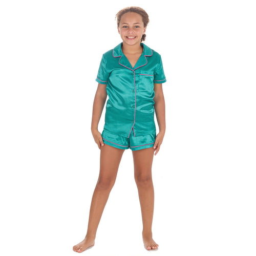 Girls Teal Green Short Sleeved Satin Pyjama Set