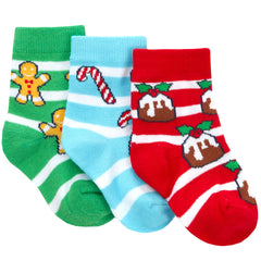 Babies Cotton Rich Christmas Design Socks 3 Pairs Stripes