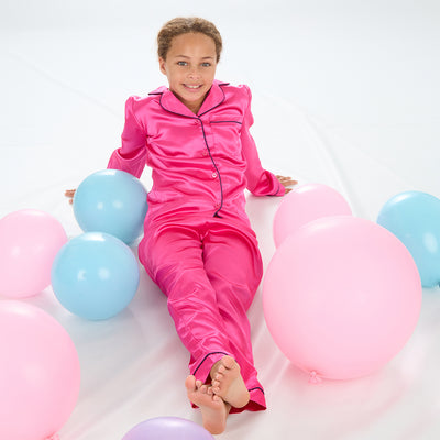 Girls Hot Pink Long Sleeved Silky Satin Pyjama Set