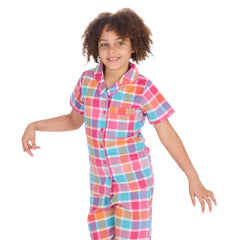 Girls Hot Pink Check Woven Pyjama Set