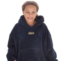 Personalised Girls Navy Plain Oversized Blanket Hoodie