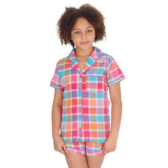 Girls Hot Pink Check Short Sleeved Pyjama Set