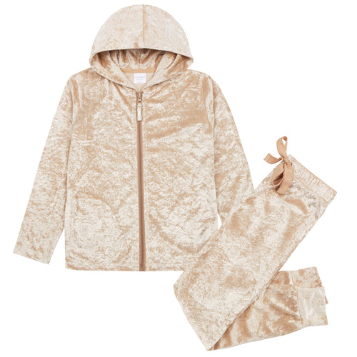 Girls Crushed Velvet Gold Zip Up Lounge Set