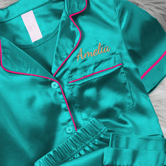 Personalised Girls Satin Green Short Pyjama Set 