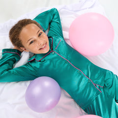 Girls Teal Green Long Sleeved Silky Satin Pyjama Set