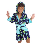 Personalised Boys Navy Dino Dressing Gown with Green Thread Embroidery