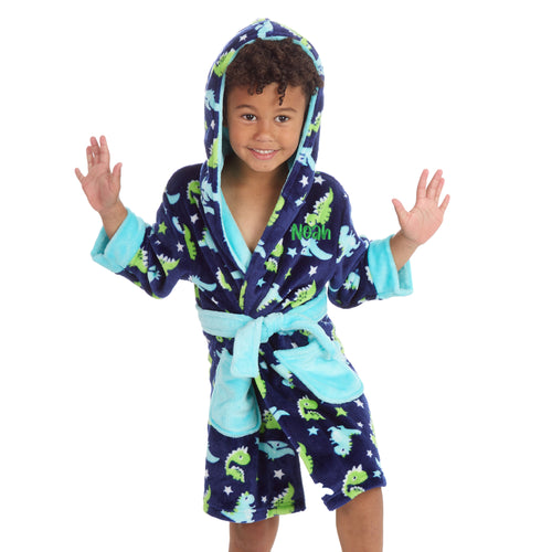 Personalised Boys Navy Dino Dressing Gown with Green Thread Embroidery