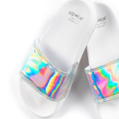 Girls Holographic White Sliders