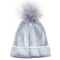 Girls Silver Metallic Hat with Pom Pom