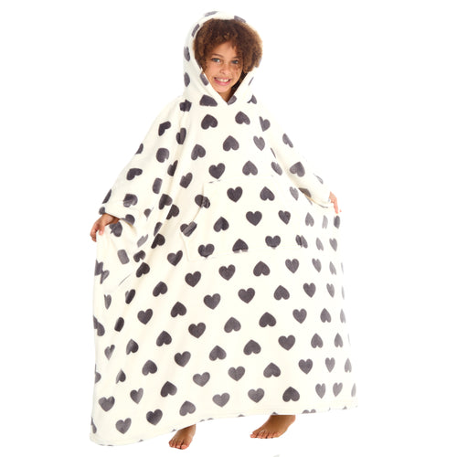 Girls Heart Print Oversized Blanket Poncho