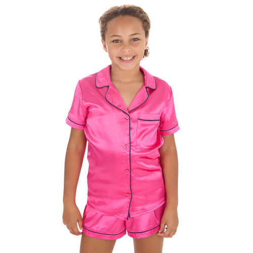 Girls Hot Pink Short Sleeved Satin Pyjama Set