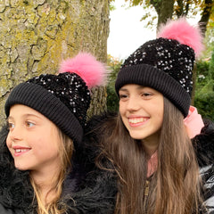 Girls Sequins Black Beanie Hat