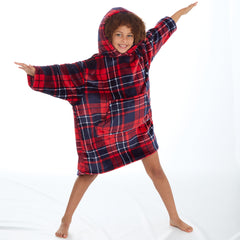 Girls Checked Red Oversized Blanket Hoodie