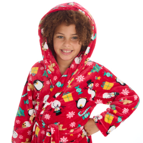 Girls Red Hooded Xmas Dressing Gown