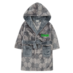  Personalised Boys Grey Football Hooded Dressing Gown with Green Thread Embroidery