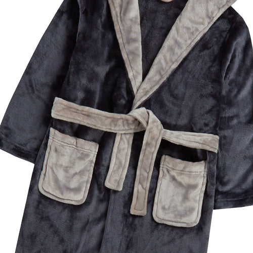 Personalised Boys Black Sherpa Dressing Gown with Light Grey Thread Embroidery