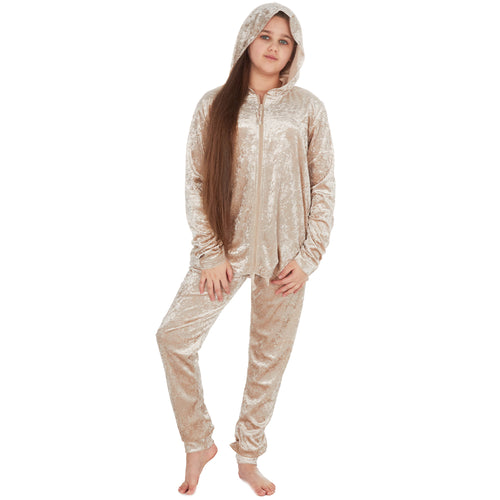 Girls Crushed Velvet Gold Zip Up Lounge Set