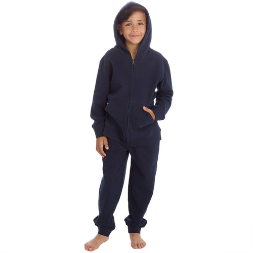 Boys Plain Cotton Rich Tracksuit Zip Up Hoodie and Joggers Set Navy