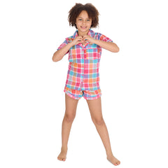 Girls Hot Pink Check Short Sleeved Pyjama Set