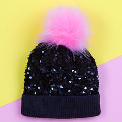 Girls Sequins Black Beanie Hat