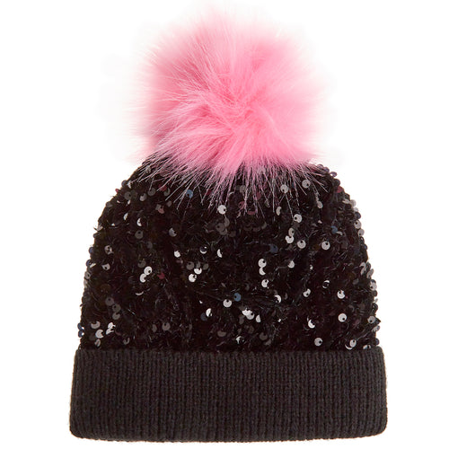 Girls Sequins Black Beanie Hat