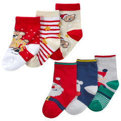 Babies Cotton Rich Christmas Design Socks 6 Pairs Santa + Teddy