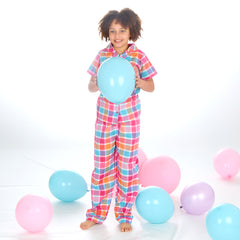 Girls Hot Pink Check Woven Pyjama Set