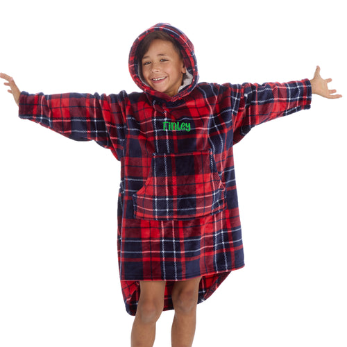 Personalised Boys Red Check Blanket Hoodie with Green Thread Embroidery