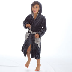 Boys Plush Fleece Dressing Gown Robe Black