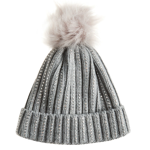 Girls Sparkly Diamante Grey Bobble Hat