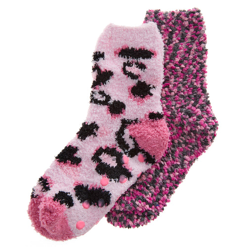 Girls Cosy Leopard Pink Bed Socks 2 Pairs