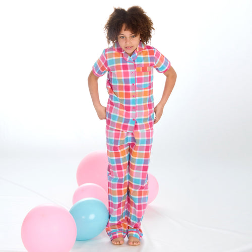 Girls Hot Pink Check Woven Pyjama Set