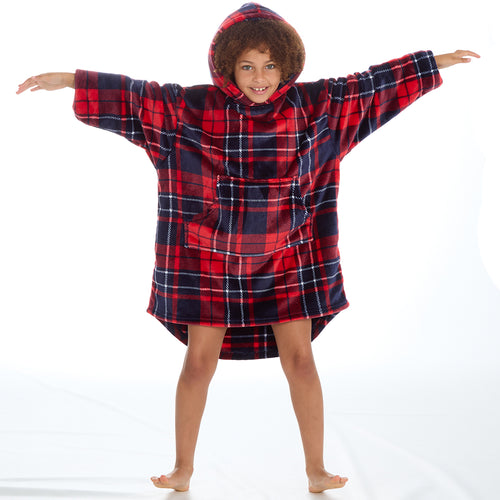 Girls Checked Red Oversized Blanket Hoodie