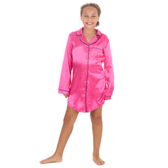 Girls Hot Pink Long Sleeved Satin Nightshirt