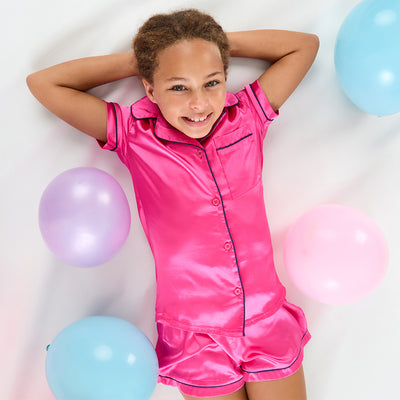 Girls Hot Pink Short Sleeved Satin Pyjama Set