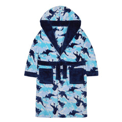 Boys Plush Fleece Hooded Dressing Gown Dinosaur Blue Camouflage 