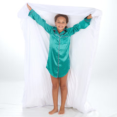 Girls Teal Green Long Sleeved Satin Nightshirt