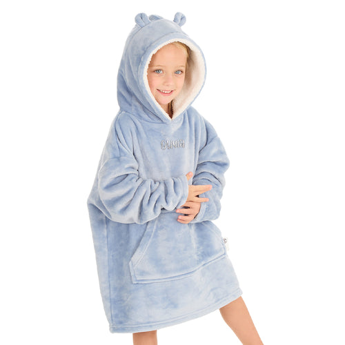 Personalised Infant Girls Bear Ears Dusky Blue Oversized Blanket Hoodie